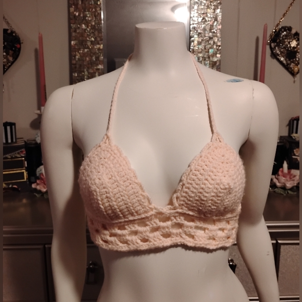 Cream Crochet Halter Bralette